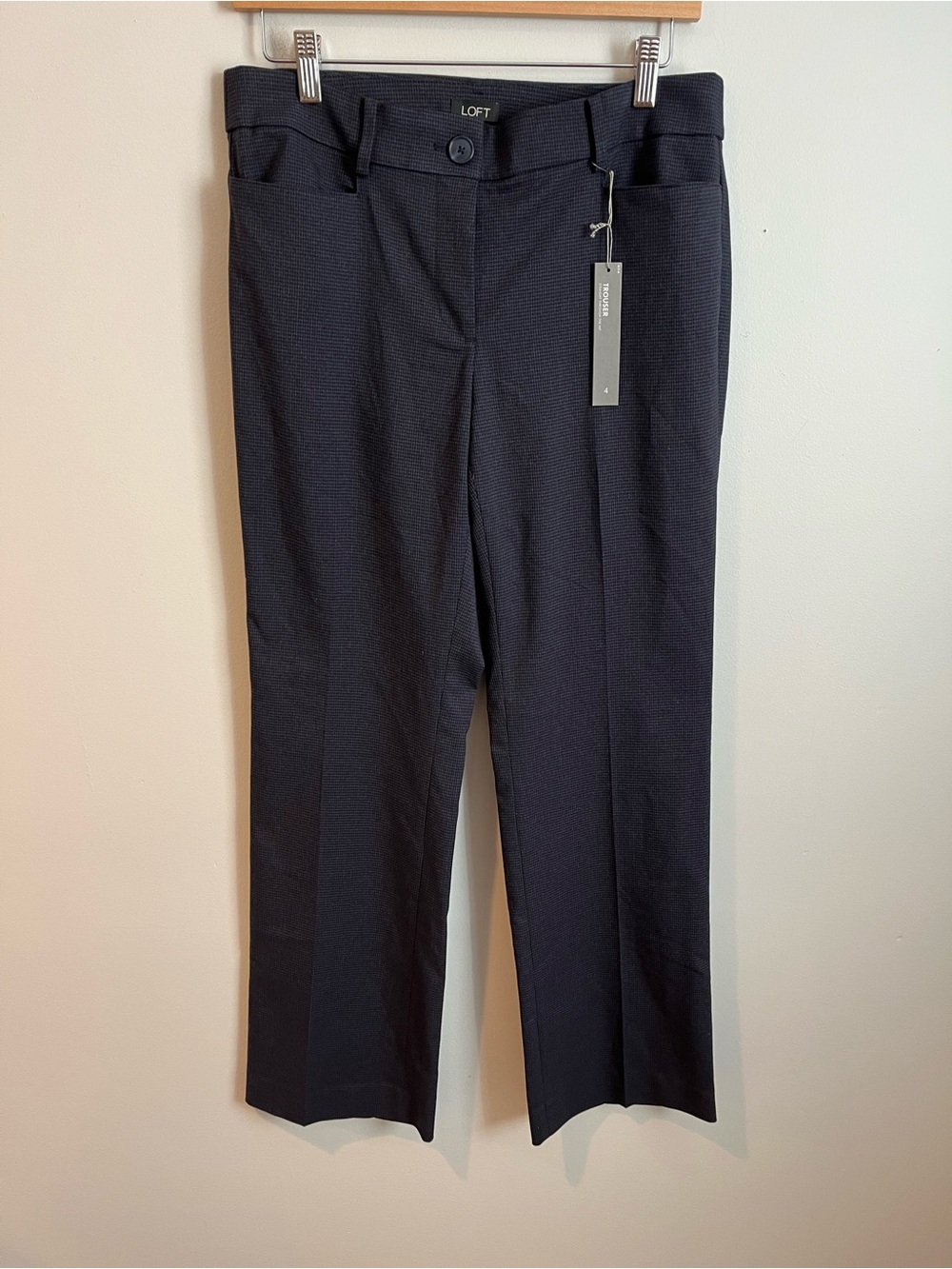 LOFT Navy Plaid Textured Straight Trousers 4